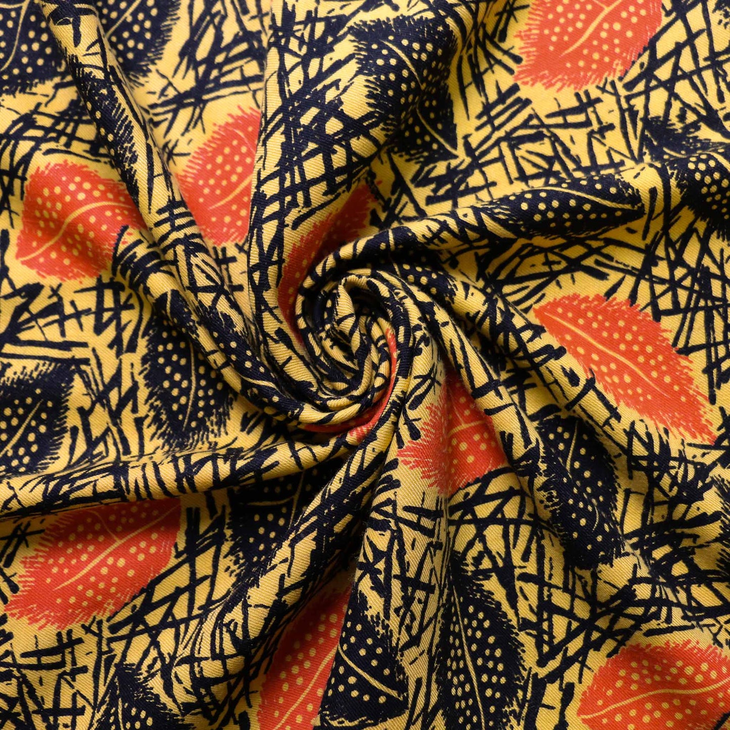 yellow vintage cotton twill sustainable dressmaking fabric with leaves design print