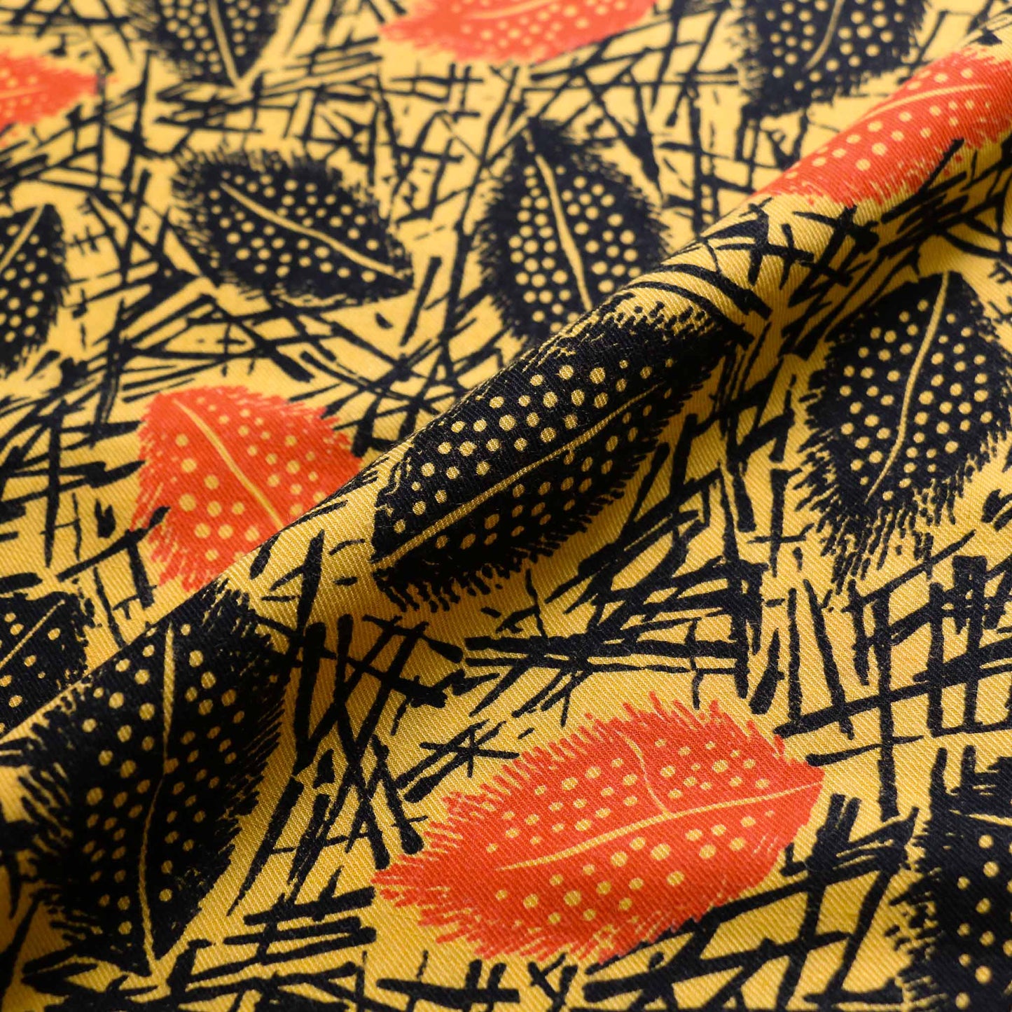 vintage sustainable leaves design cotton twill dressmaking fabric in yellow colour