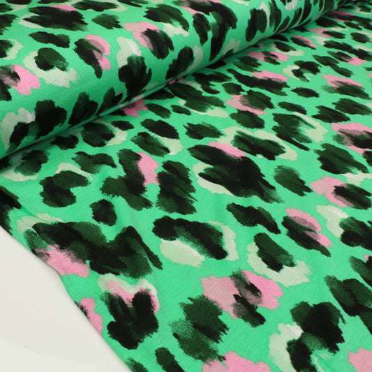 Viscose Jersey Fabric - Green, black, pink