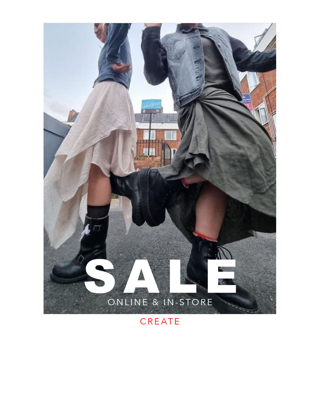 dressmaking fabric sale advert in Brighton showing two handmade skirts