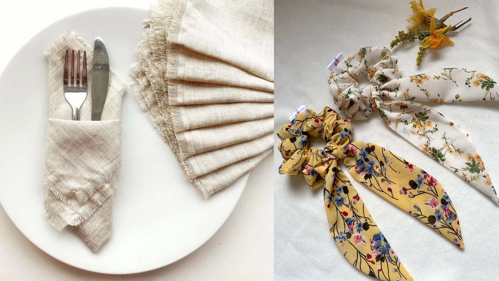 brighton fabric shop cloth control shows off customers creations with this linen napkin set and viscose scrunchies