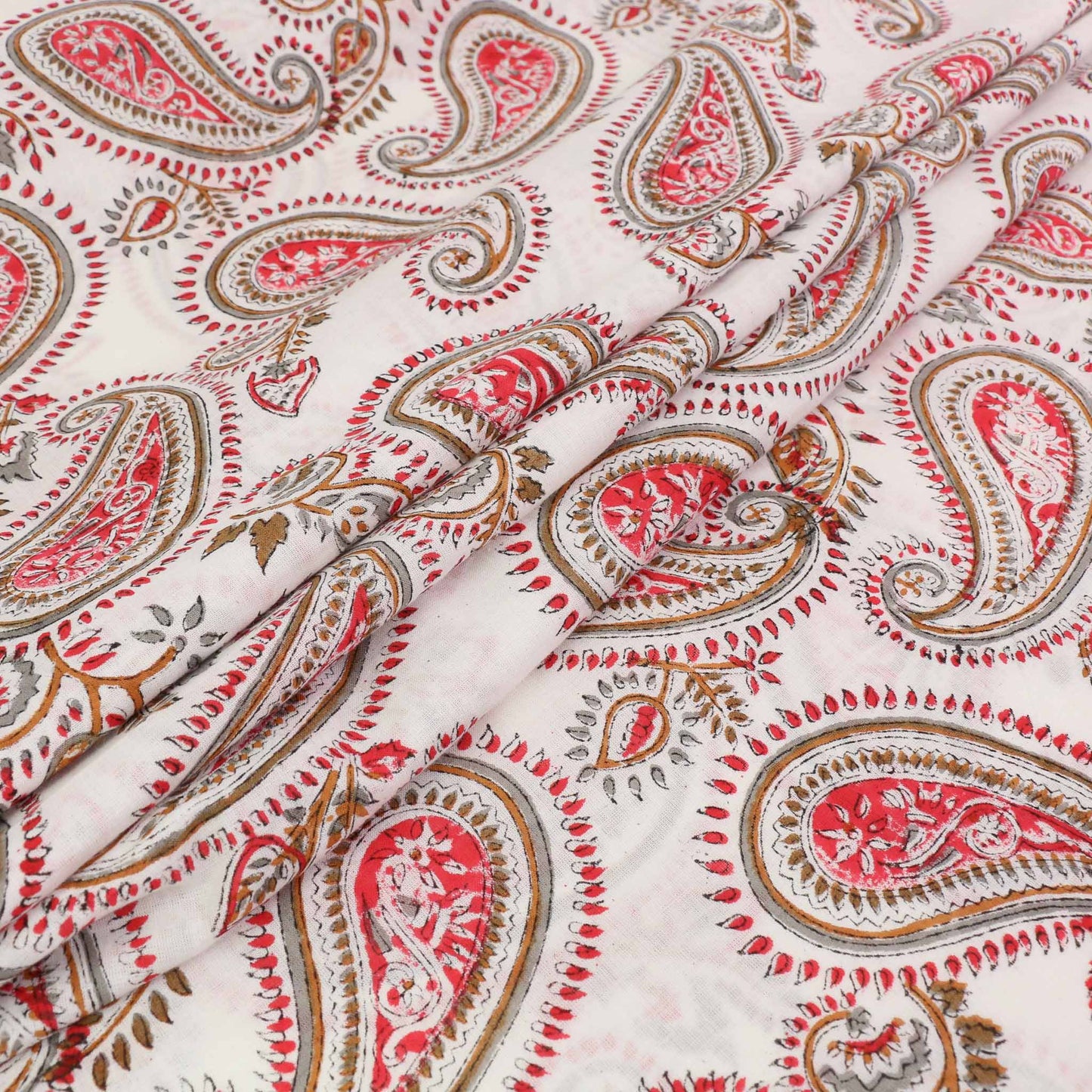 Cotton Voile - Hand block print - White, red