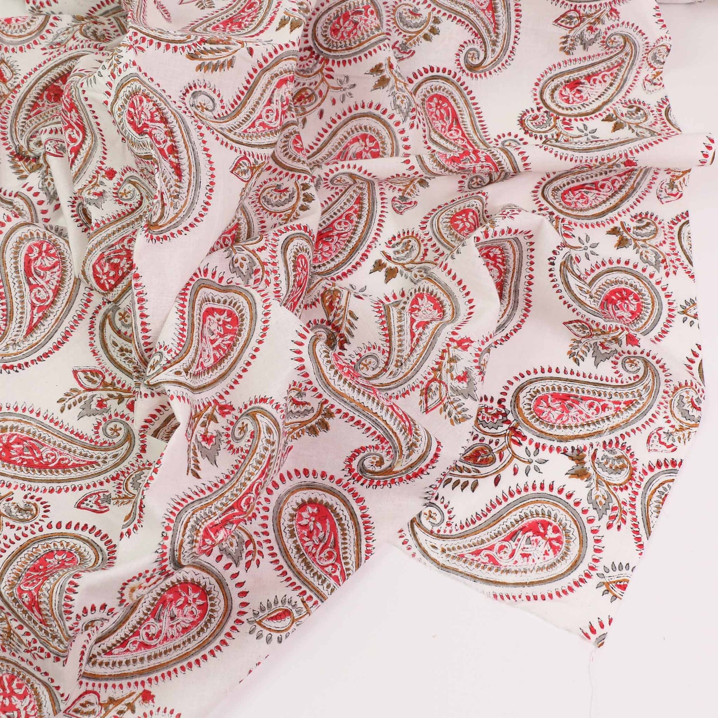 Cotton Voile - Hand block print - White, red