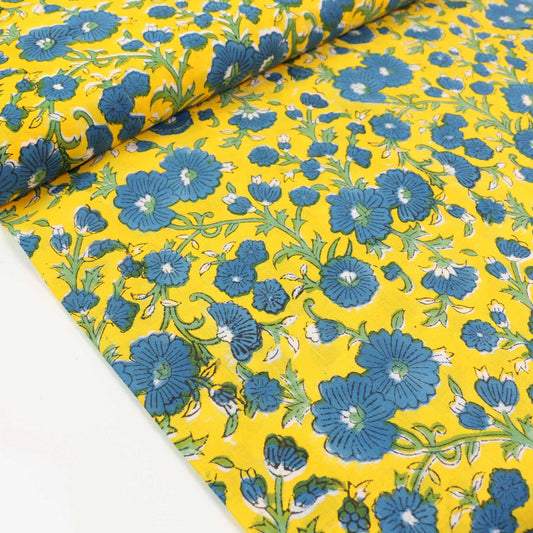 Cotton Voile - Hand block print - Yellow, blue