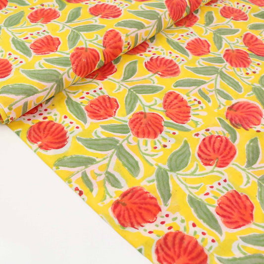 Cotton Voile - Hand block print - Yellow, red
