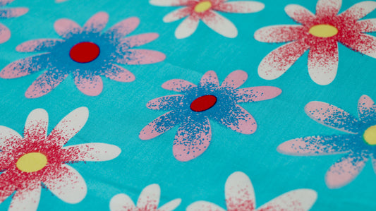 REMNANT 0.55m x 1.48m - 100% COTTON FABRIC - Large floral Design - Sky blue