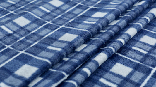 REMNANT 0.35m x 1.50m - FLEECE FABRIC - Blue & White Check Design - Medium Weight