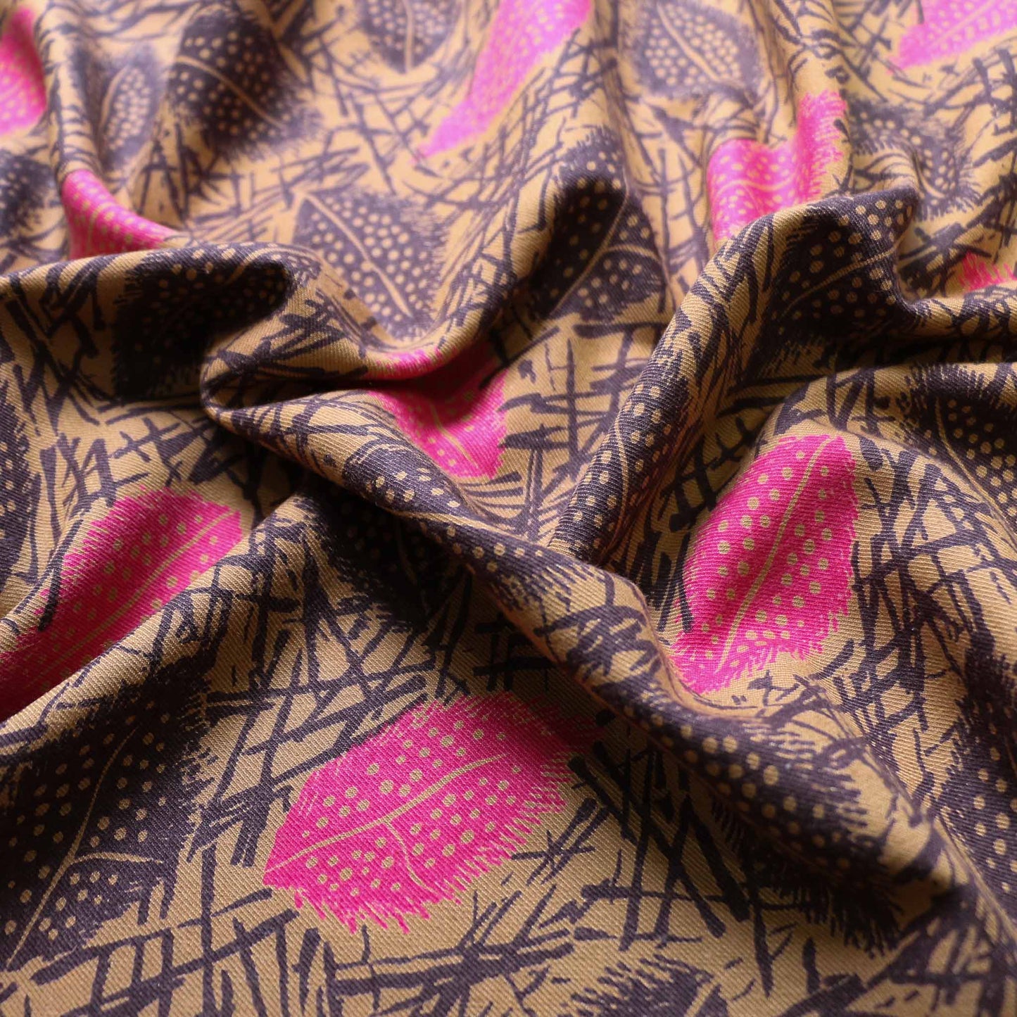 vintage sustainable leaves cotton dressmaking fabric in beige and pink colour
