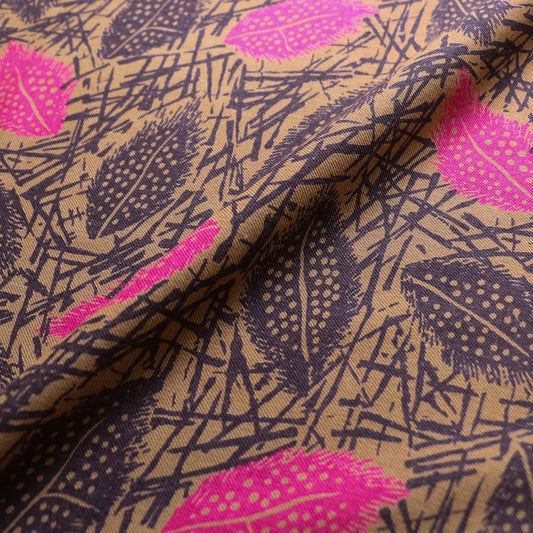 sustainable beige vintage cotton twill dressmaking fabric with pink brown leaves print