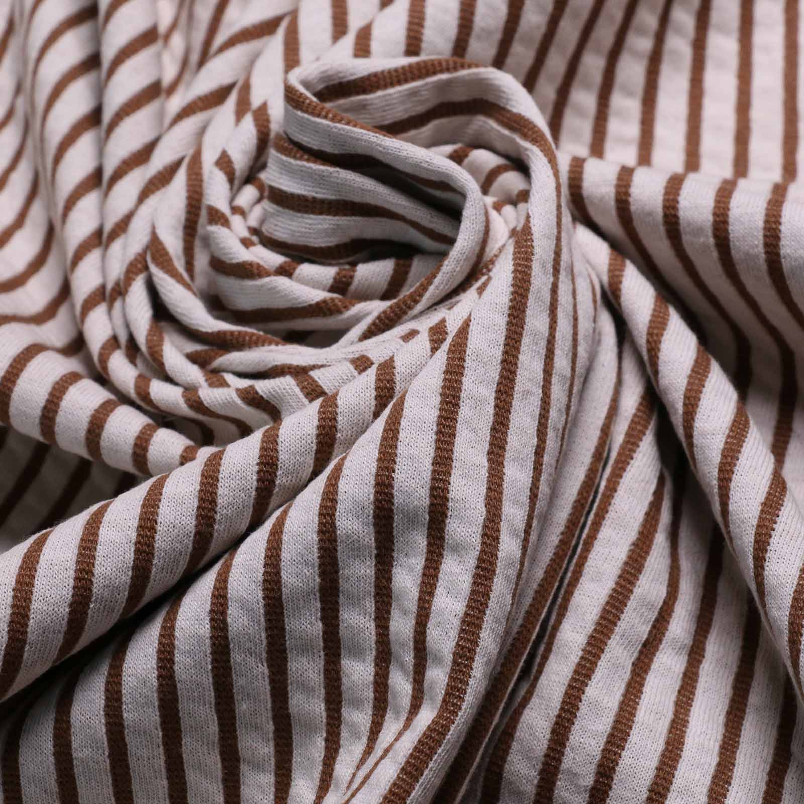 beige and white striped double jersey knit acrylic dressmaking fabric