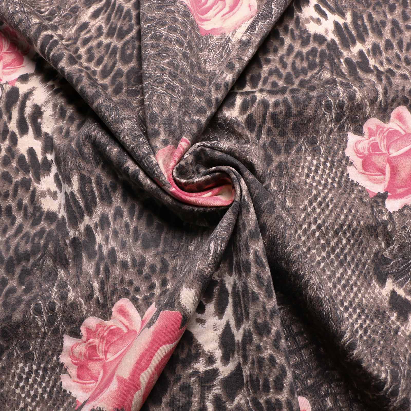 pink and brown leopard animal print ponte roma jersey dressmaking fabric with roses