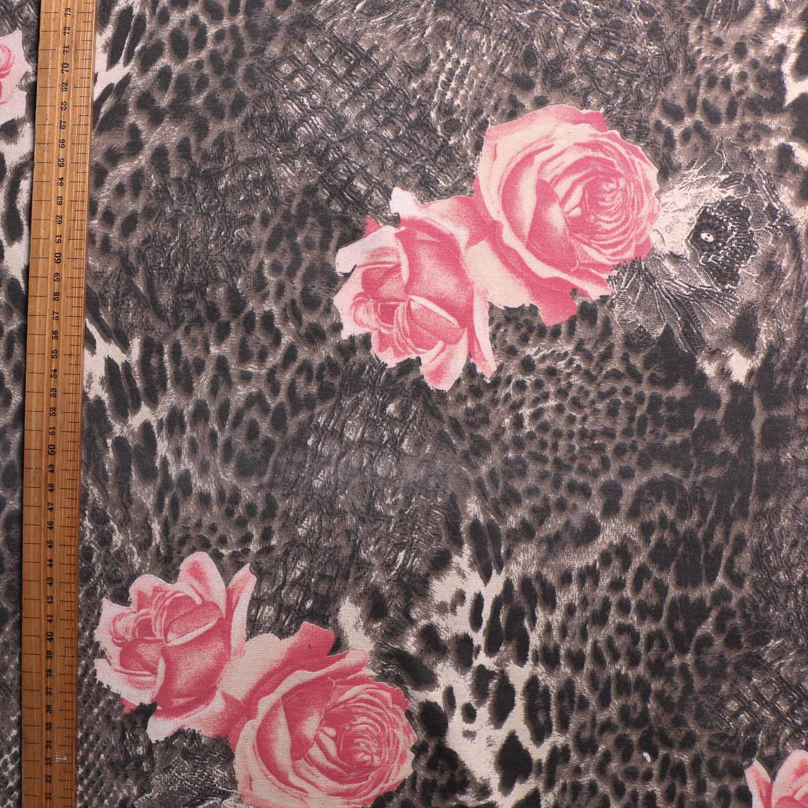 metre pink and brown ponte roma jersey knit dressmaking fabric with punky leopard animal print