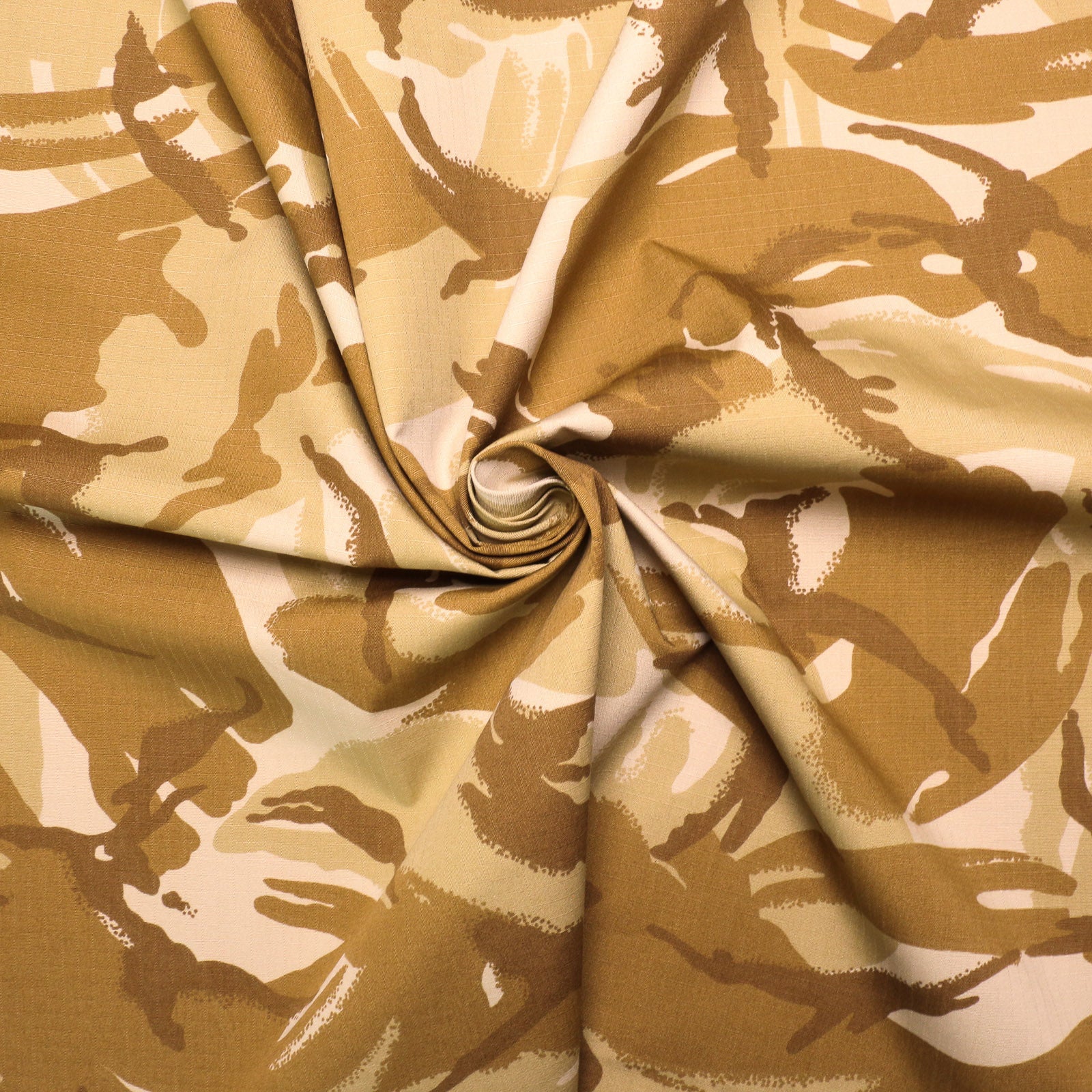 cream cotton ripstop multi terrain camouflage dressmaking fabric in beige and mustard