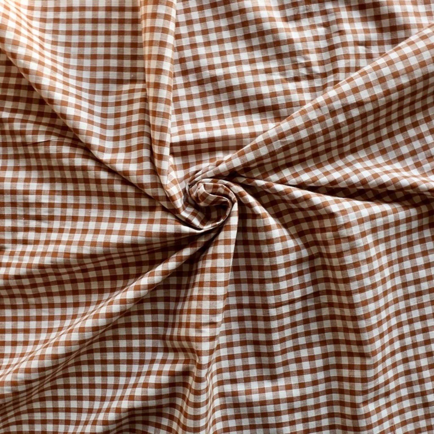 sustainable vintage cotton dressmaking fabric with brown and beige gingham print