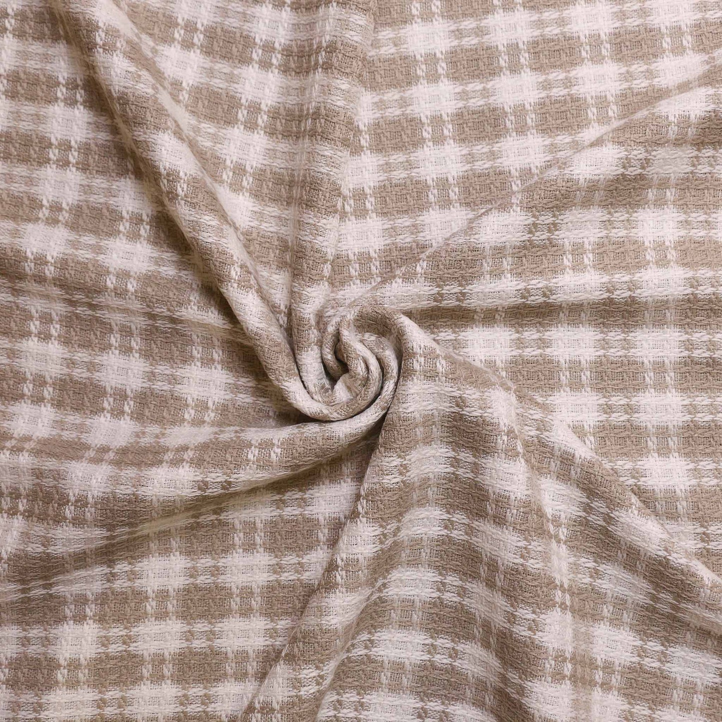 boucle dressmaking fabric in beige and white with check pattern