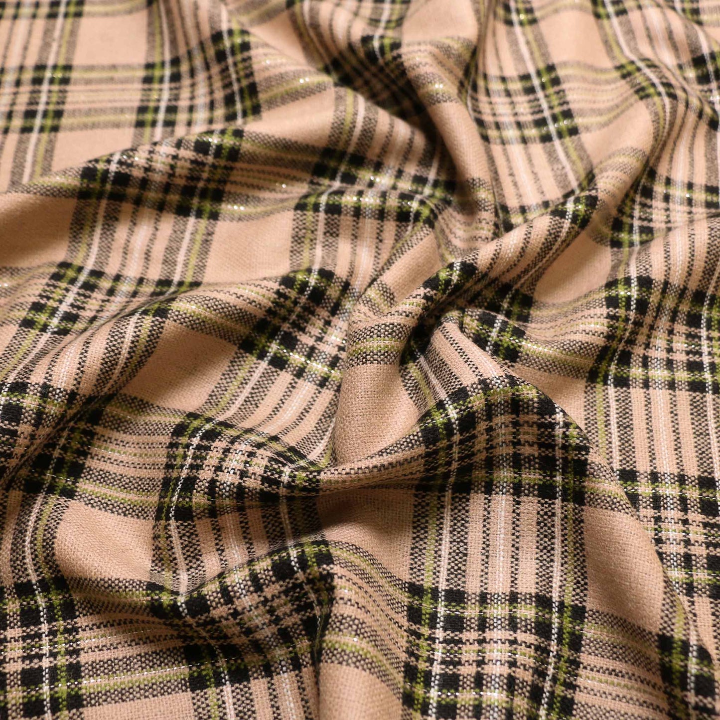 beige wool blend suiting fabric with check pattern in black and khaki