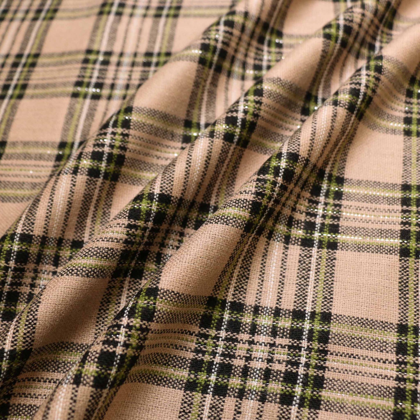 beige wool voltaire fabric with khaki and black check pattern dressmaking fabric with check pattern