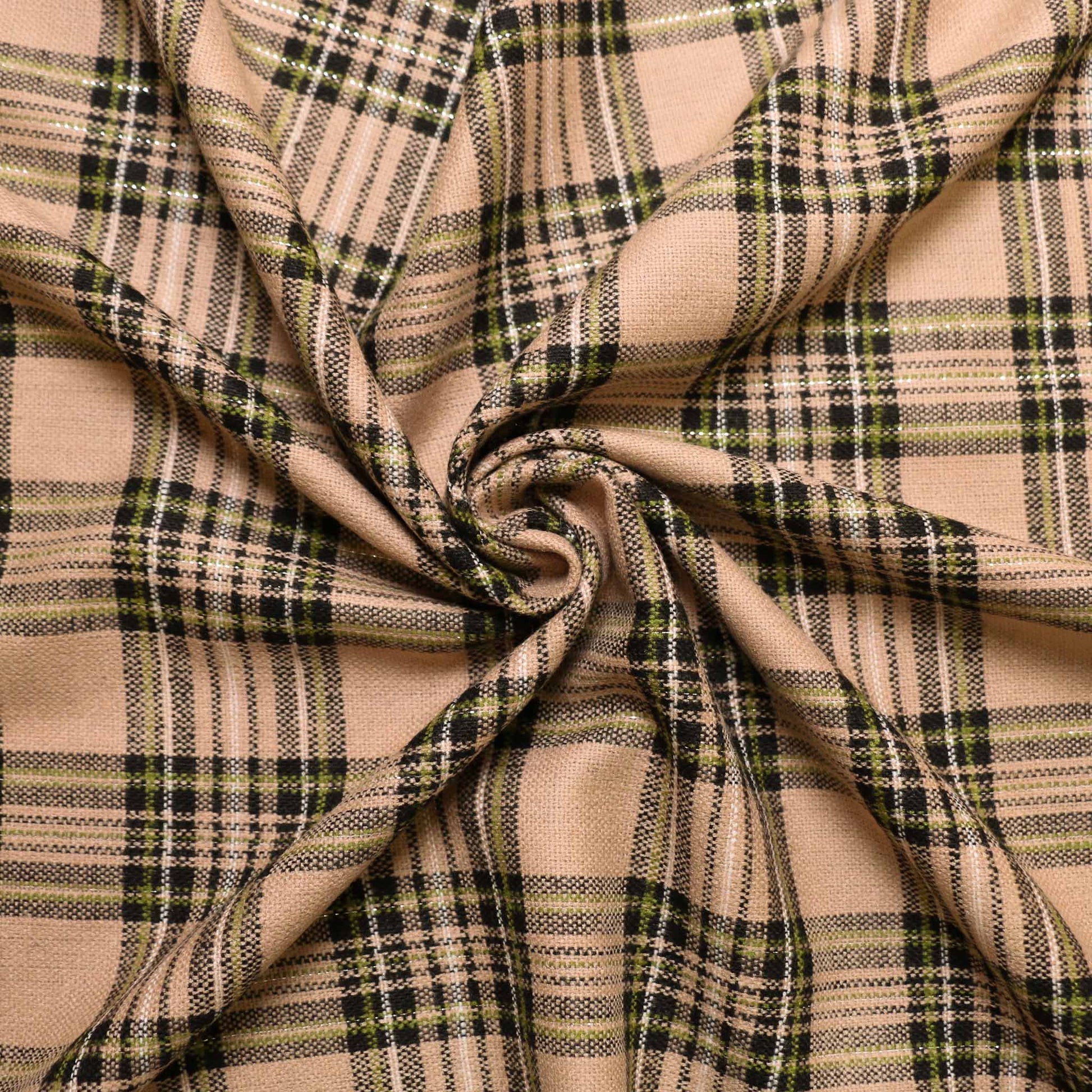 wool voltaire fabric in beige with black and khaki check pattern