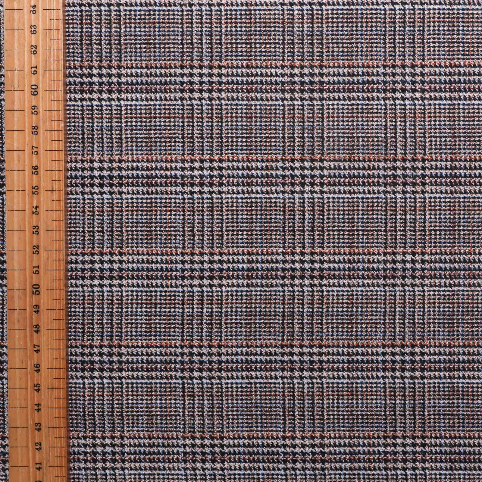 metre wool blend stretchy suiting dressmaking fabric with black and caramel check pattern on beige