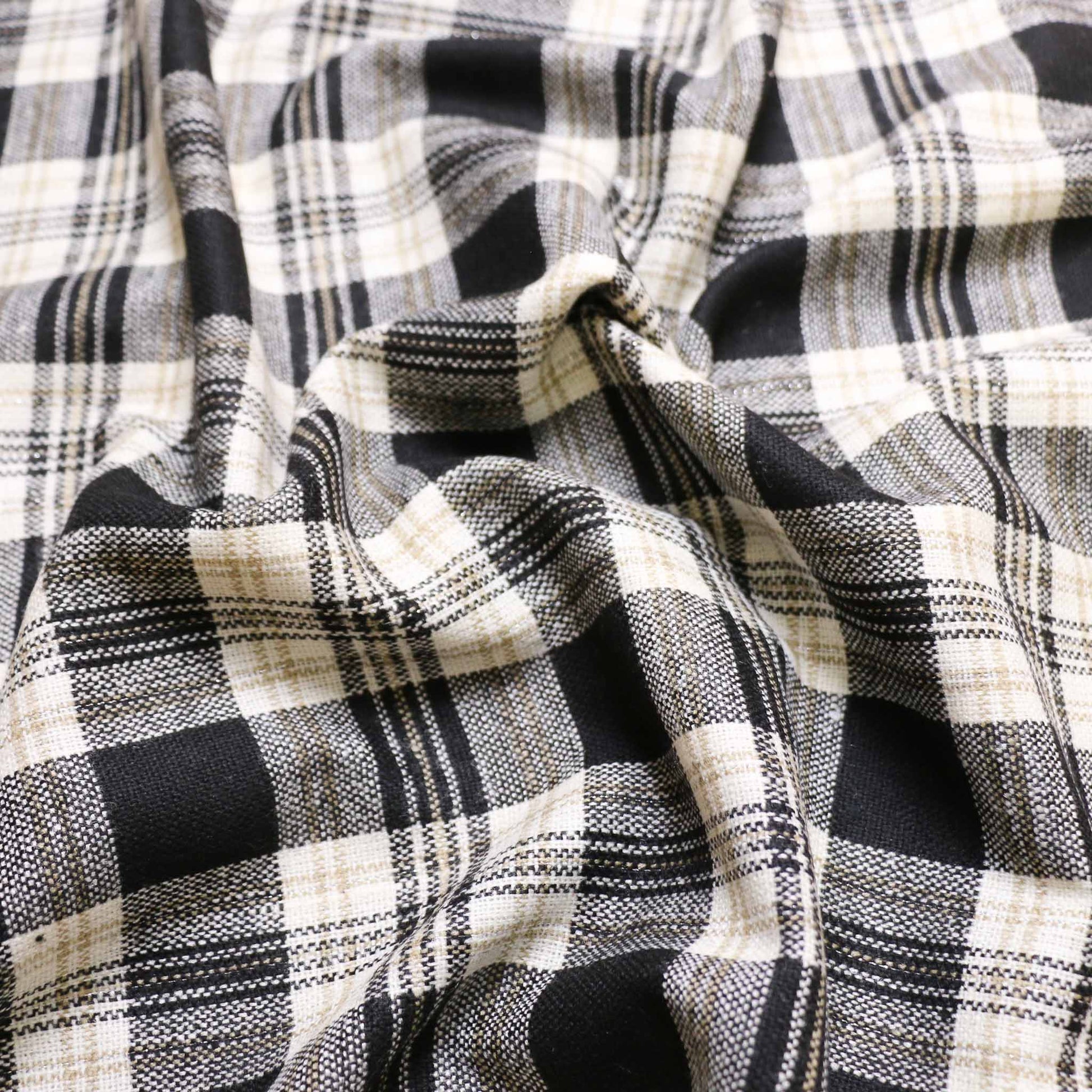 white wool blend suiting fabric with check pattern in black and khaki