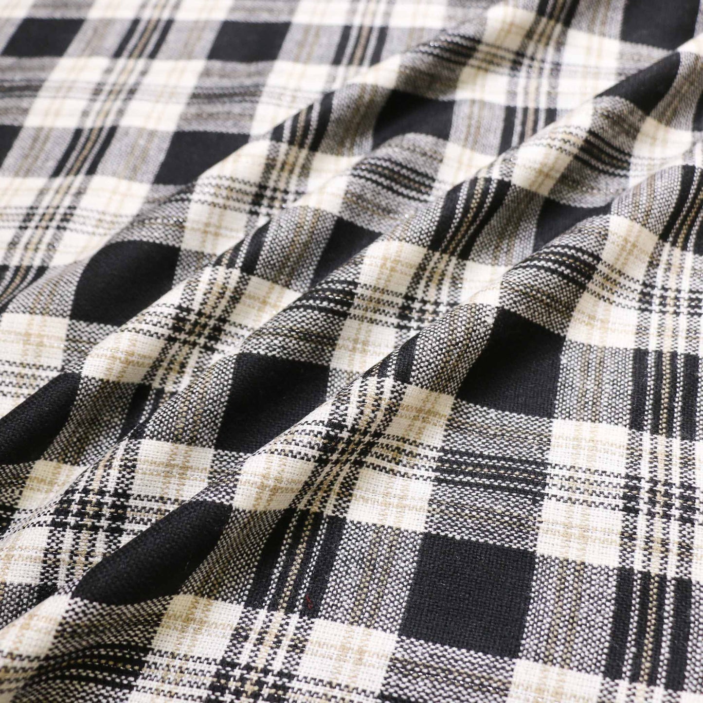 white wool voltaire fabric with khaki and black check pattern dressmaking fabric with check pattern