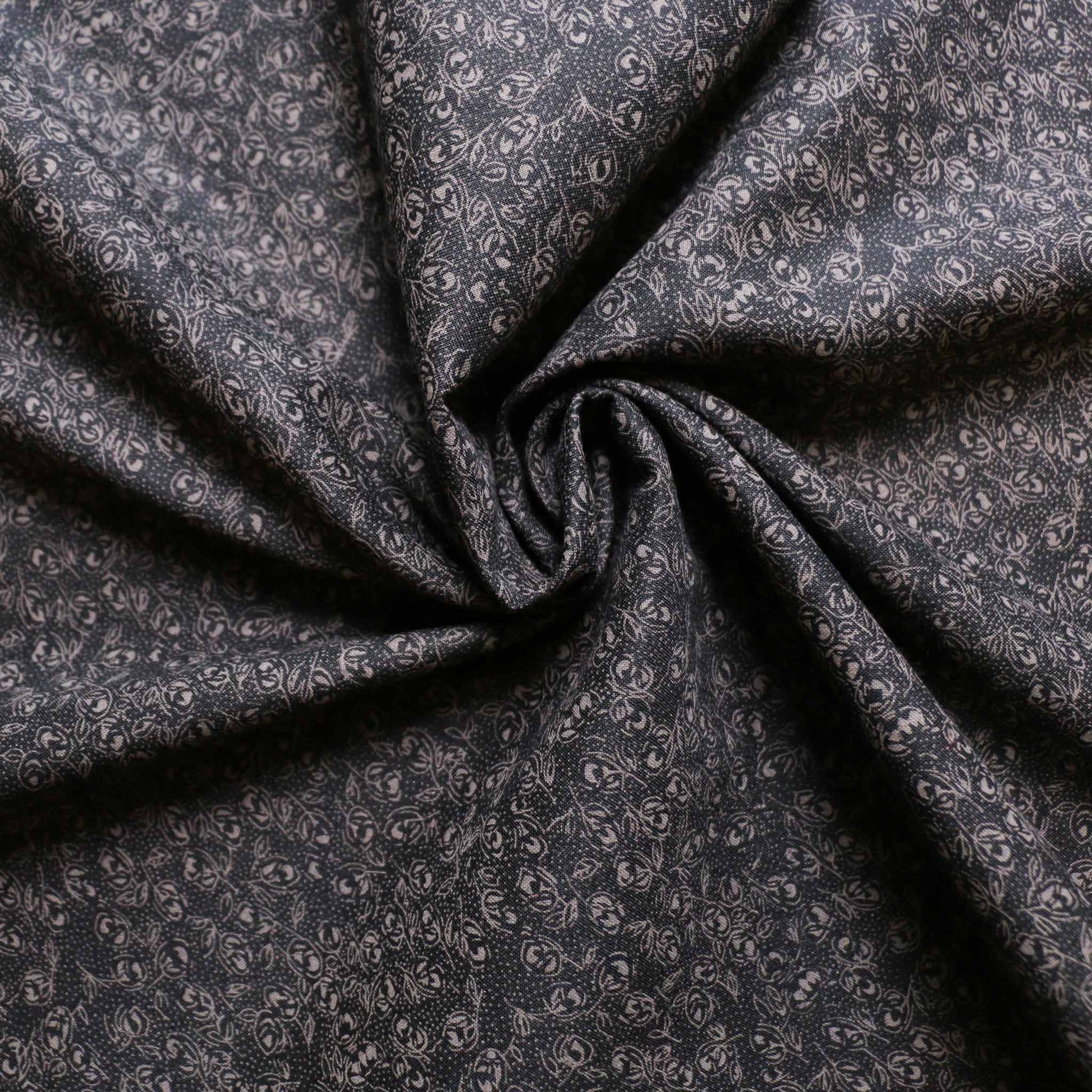 vintage cotton dressmaking fabric in black with grey ditsy floral print