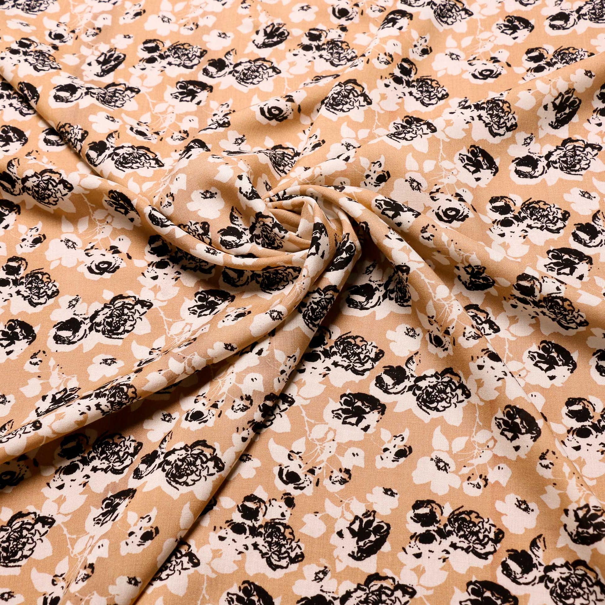 viscose challis dressmaking fabric with black flowers