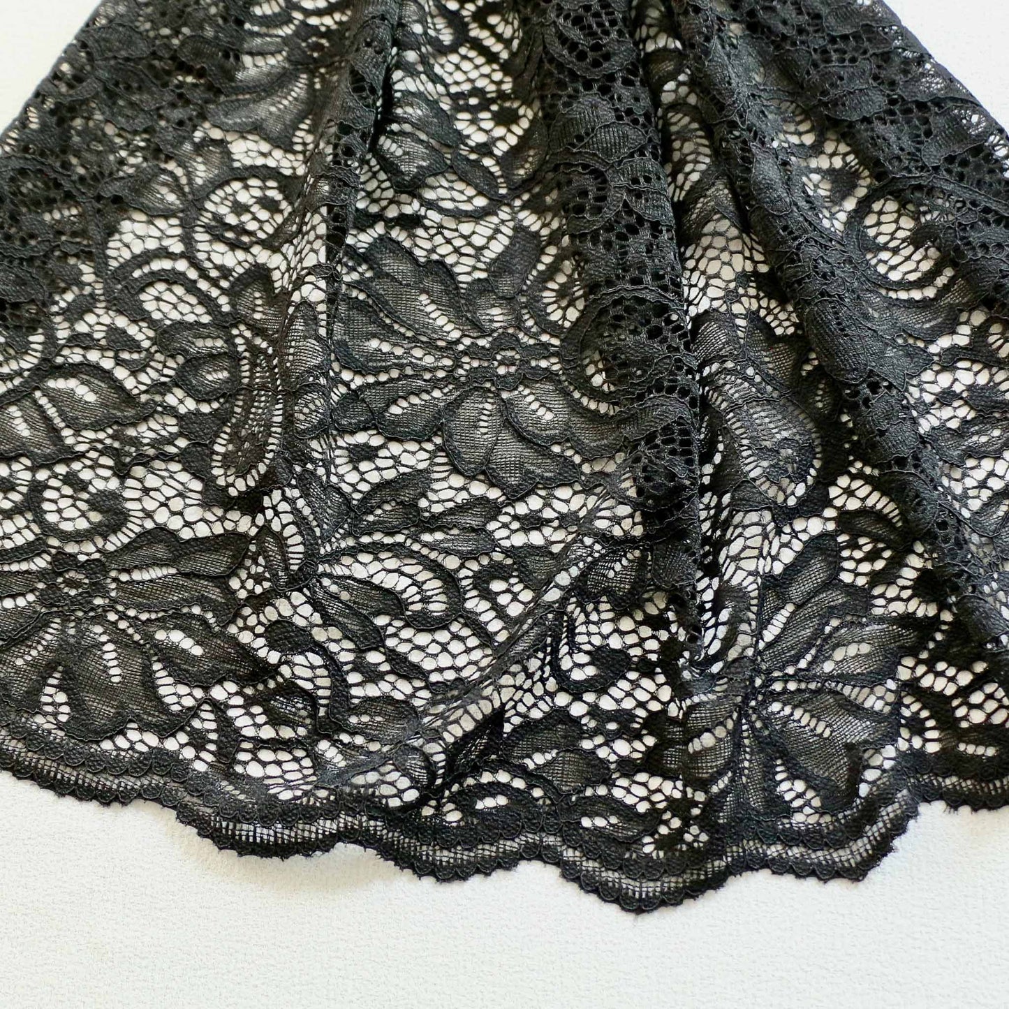 black lace with scalloped edge fabric for dressmaking