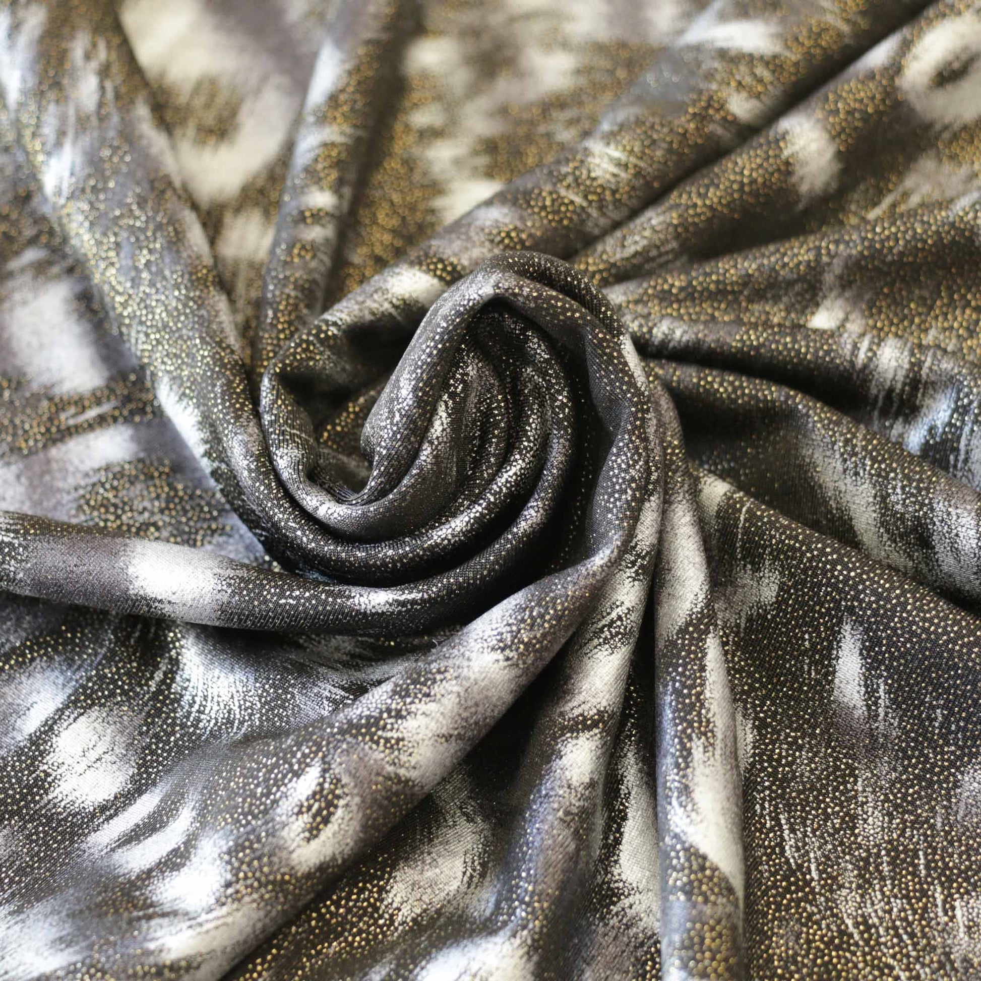 Buy Golden Foil Print Shimmer Knitted Lycra Fabric Online