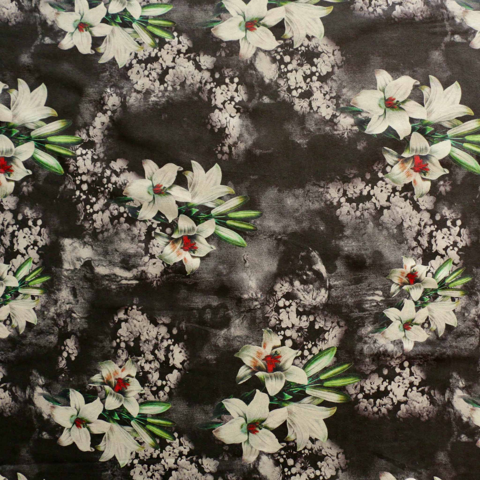 white lily flower print on black suede moleskin dressmaking fabric