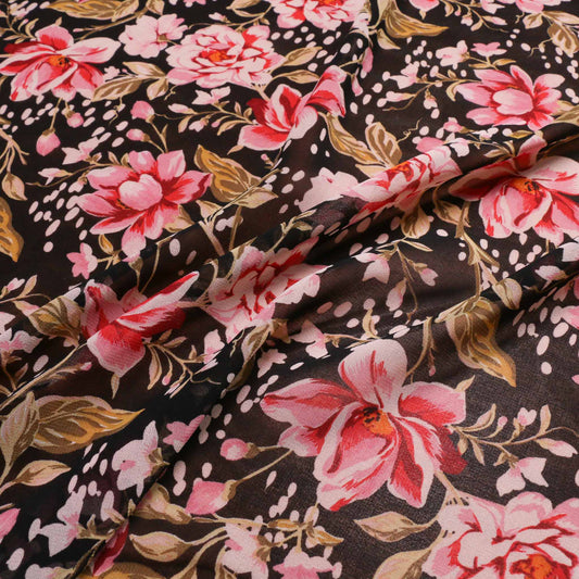 black and pink floral chiffon dressmaking fabric