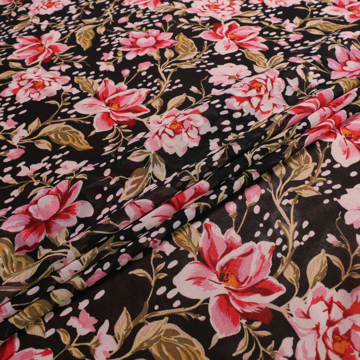 black and pink floral pink flower design chiffon dressmaking fabric