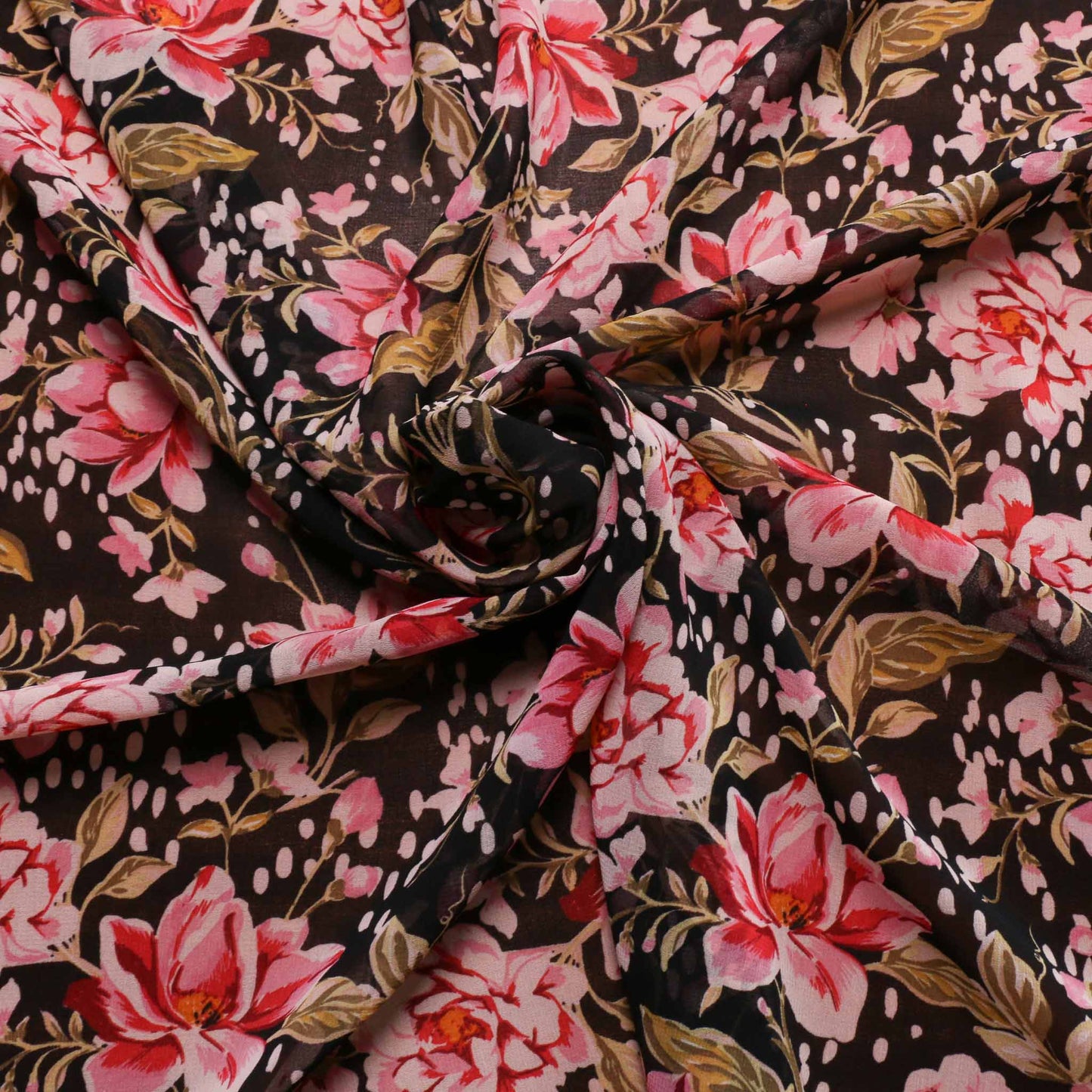 black and pink flower print chiffon dressmaking fabric