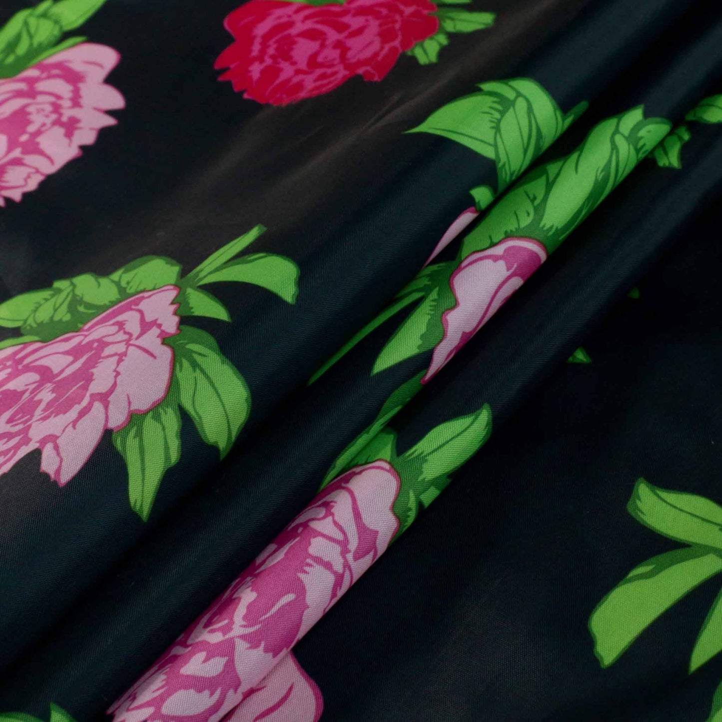 pink roses printed on black polyester lining fabric for dressmaking