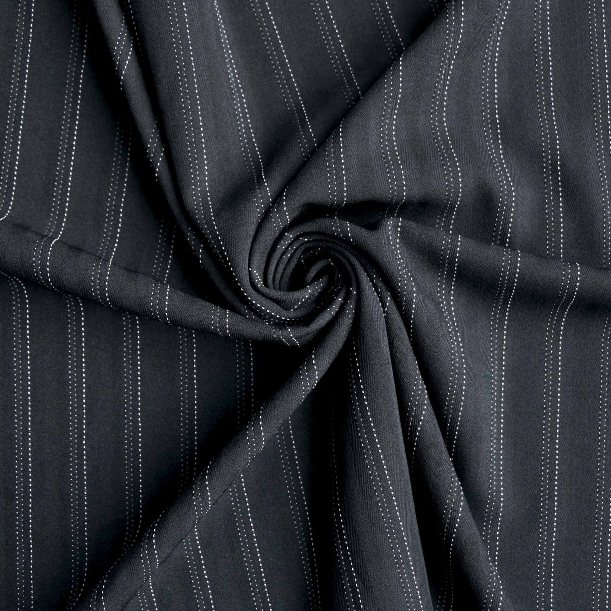 black stretchy suiting dressmaking fabric with dotted white pinstripe