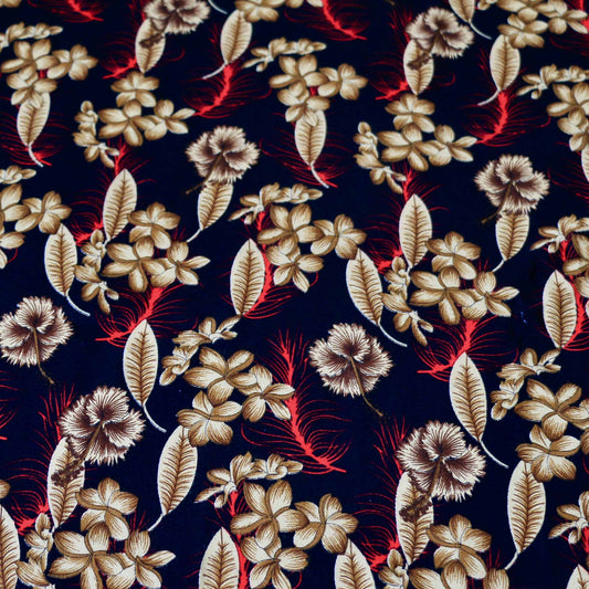black and red viscose challis dressmaking fabric with beige floral print
