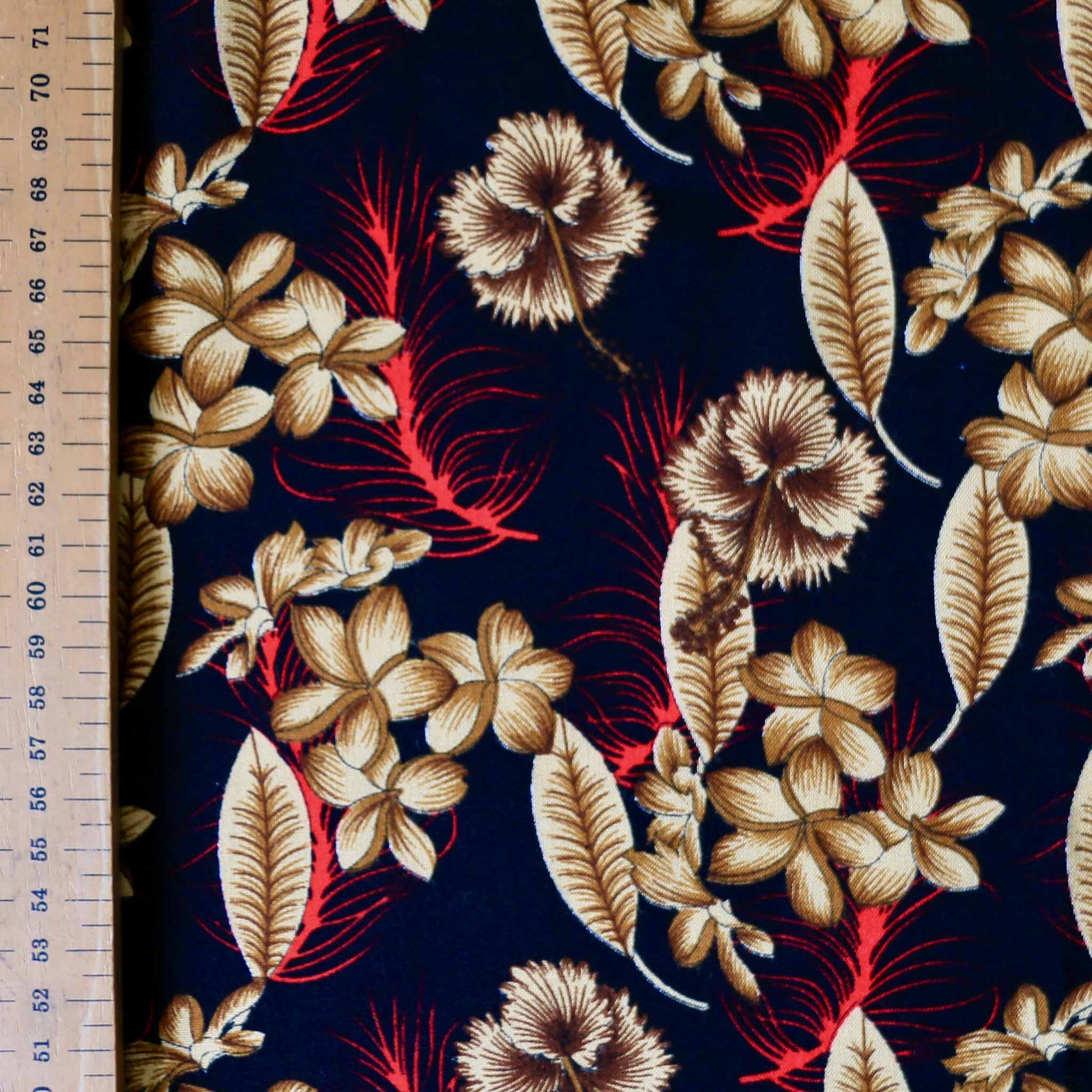 metre black viscose challis dressmaking rayon fabric with beige and red flowers printed