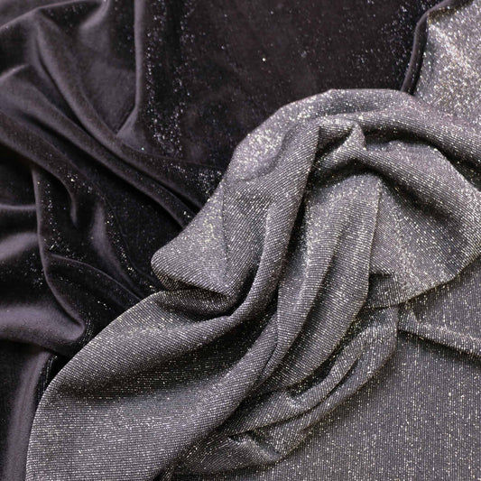 black cotton velour dressmaking fabric with silver lurex rear side
