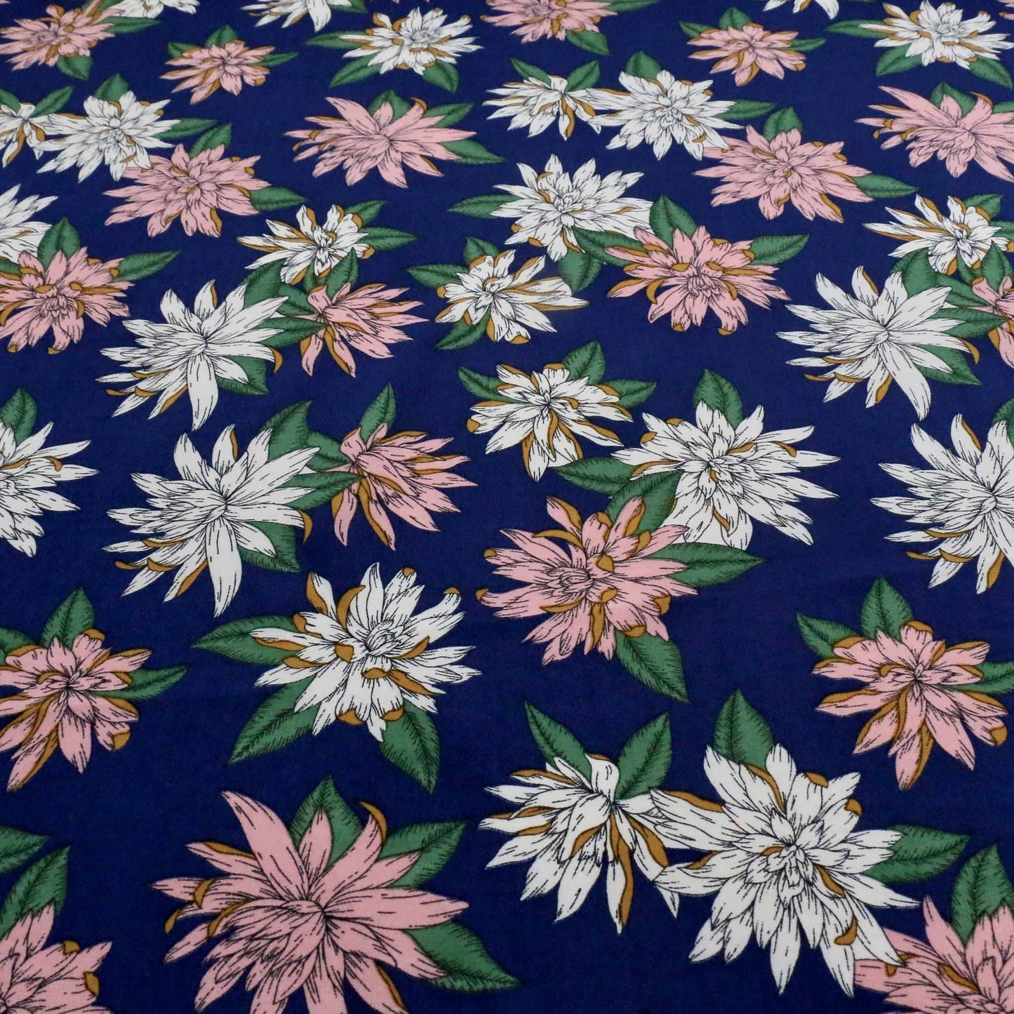 pink and white flowers print on blue stretchy chiffon dressmaking polyester fabric