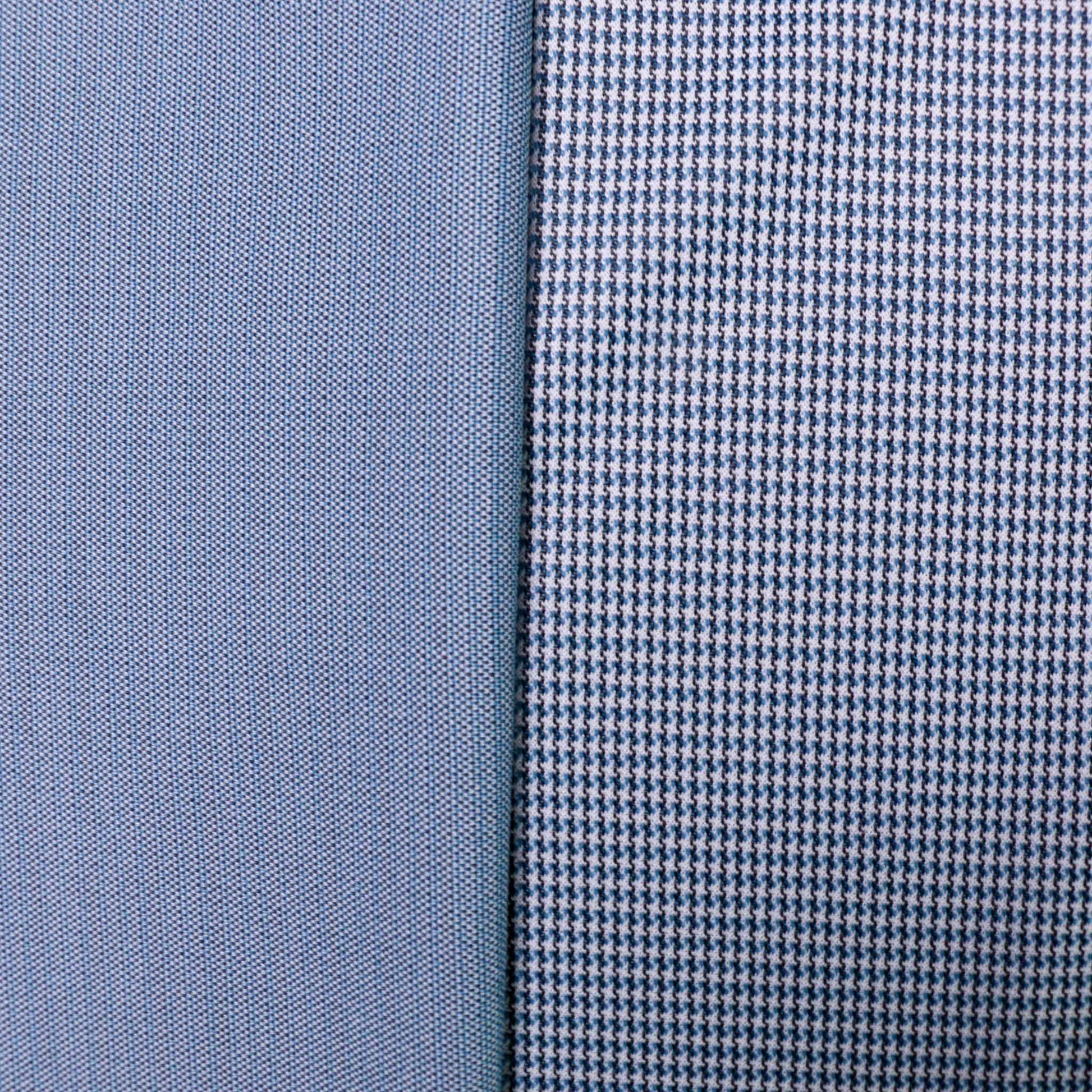 blue and white vintage jersey crimplene sustainable dressmaking fabric with houndstooth pattern