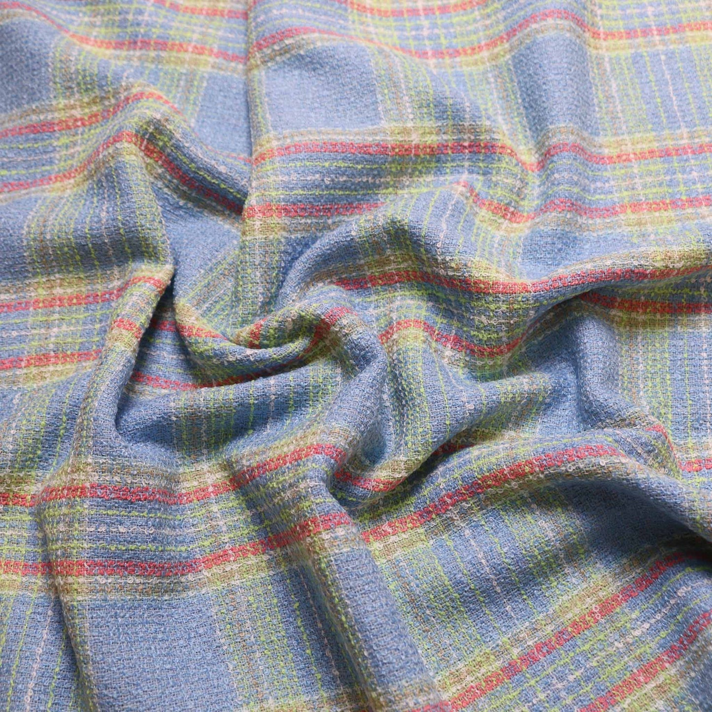 pale blue boucle wool blend dressmaking fabric with lime green and pink check pattern
