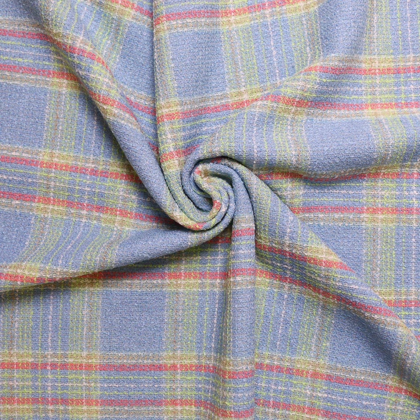 pale blue wool blend boucle dressmaking fabric with pale green and pink check pattern