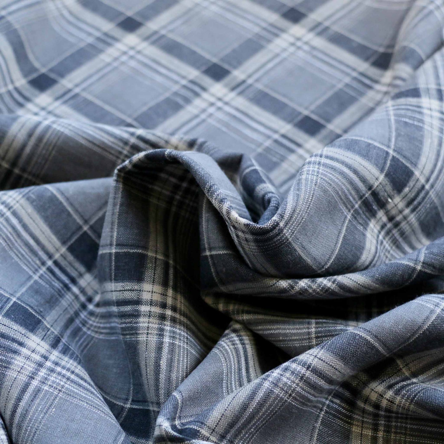blue linen viscose suiting dressmaking fabric with check design