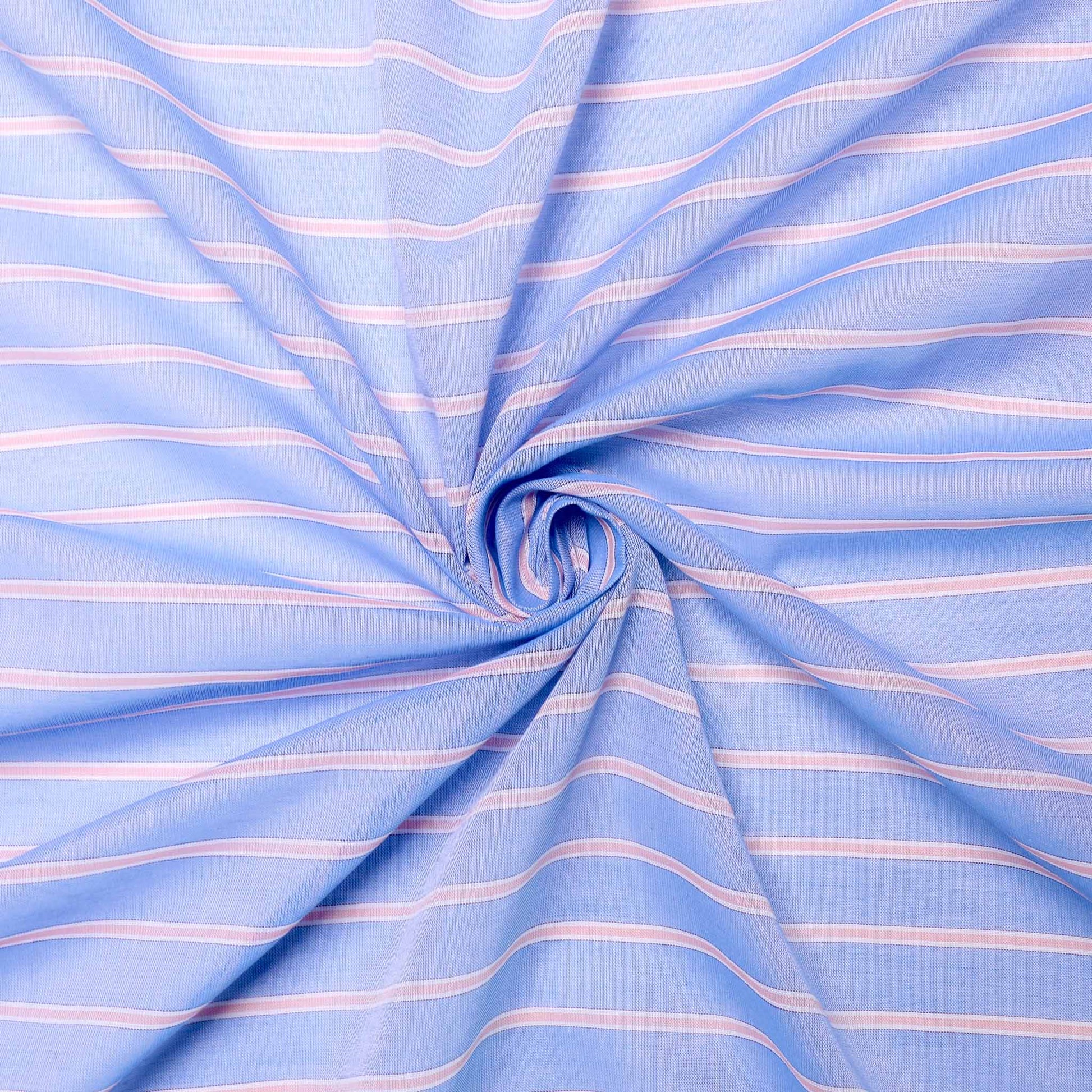 blue and pink cotton lawn voile dressmaking fabric with striped pattern