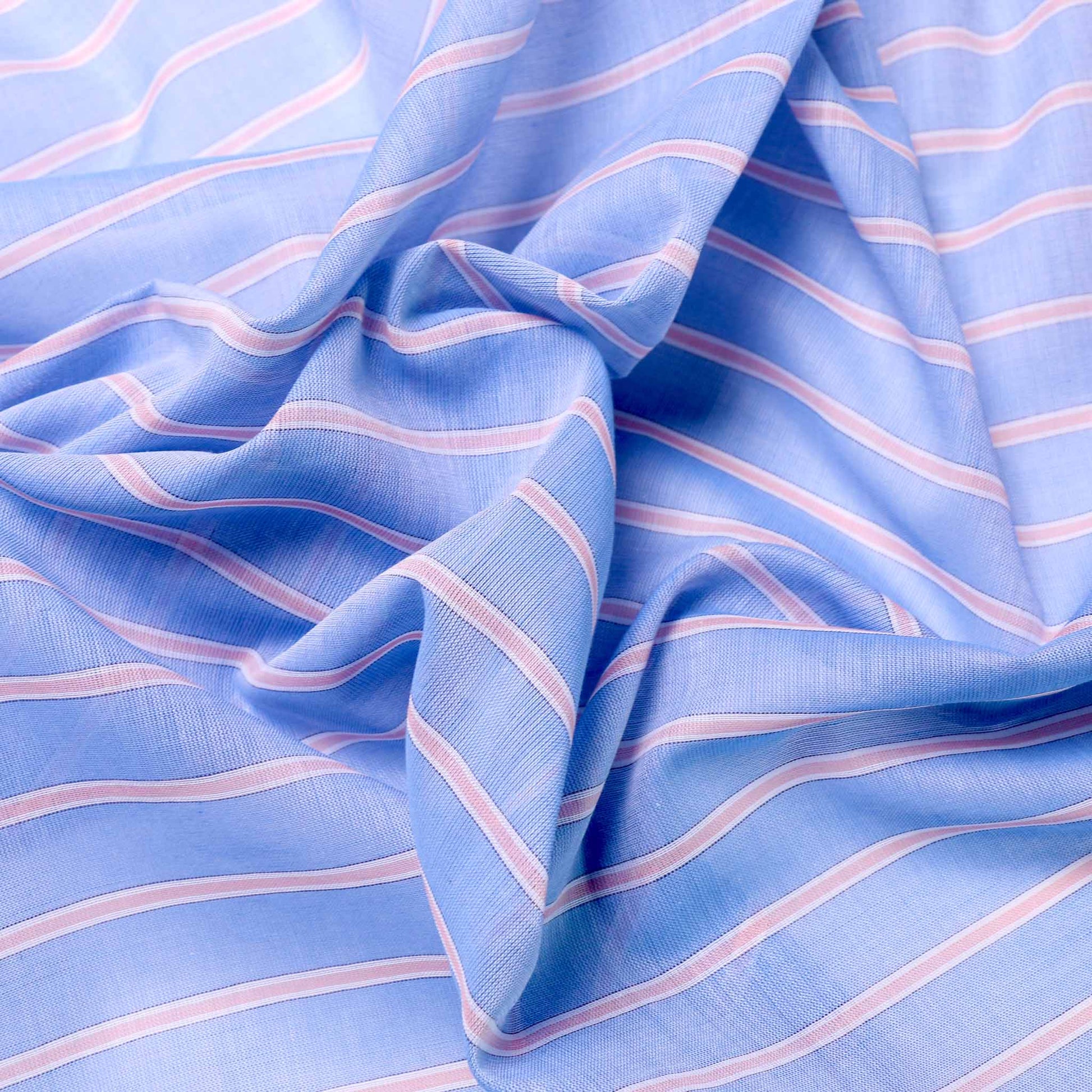blue cotton lawn dressmaking fabric with pink pinstripe pattern