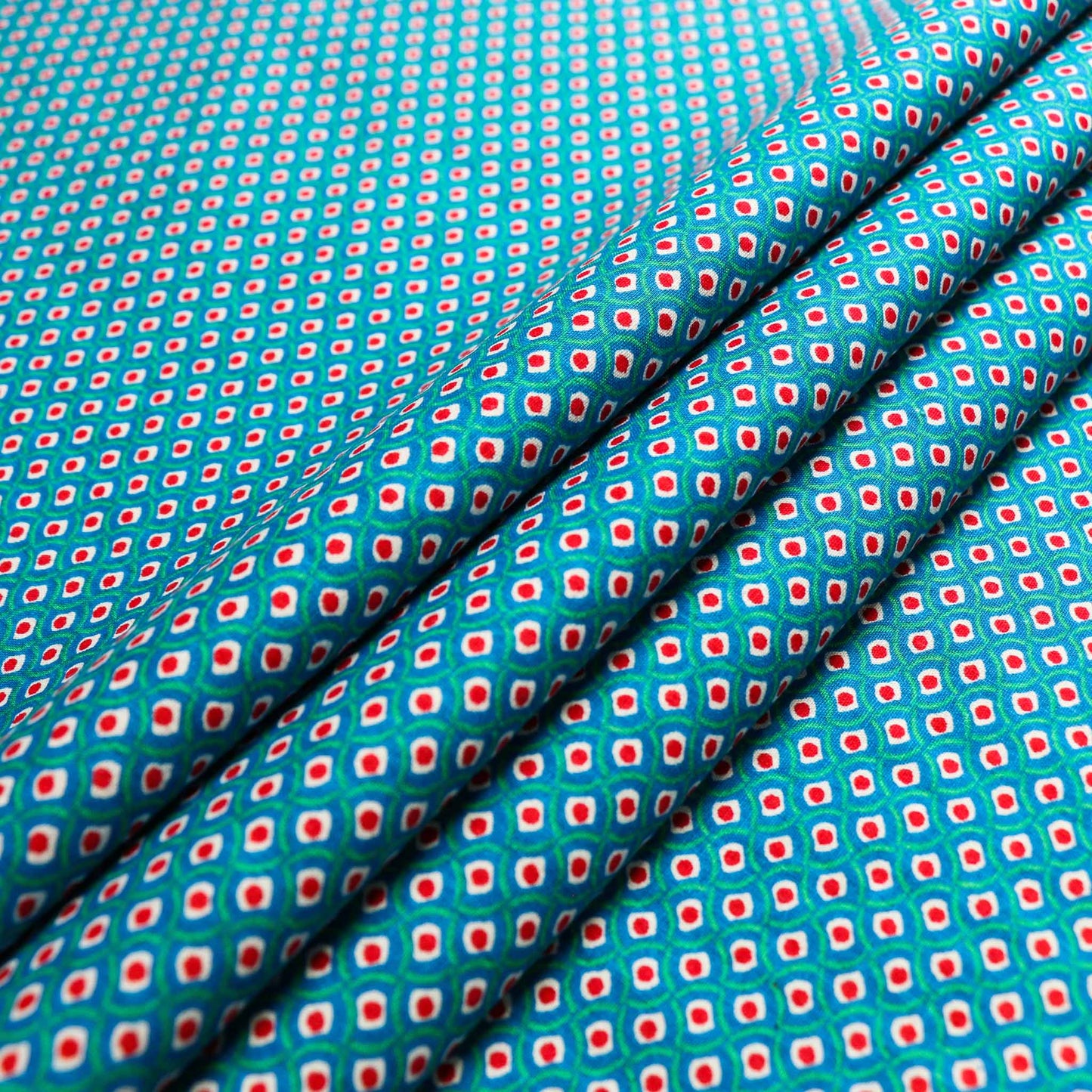 blue vintage cotton dressmaking sustainable deadstock fabric with pink dot print