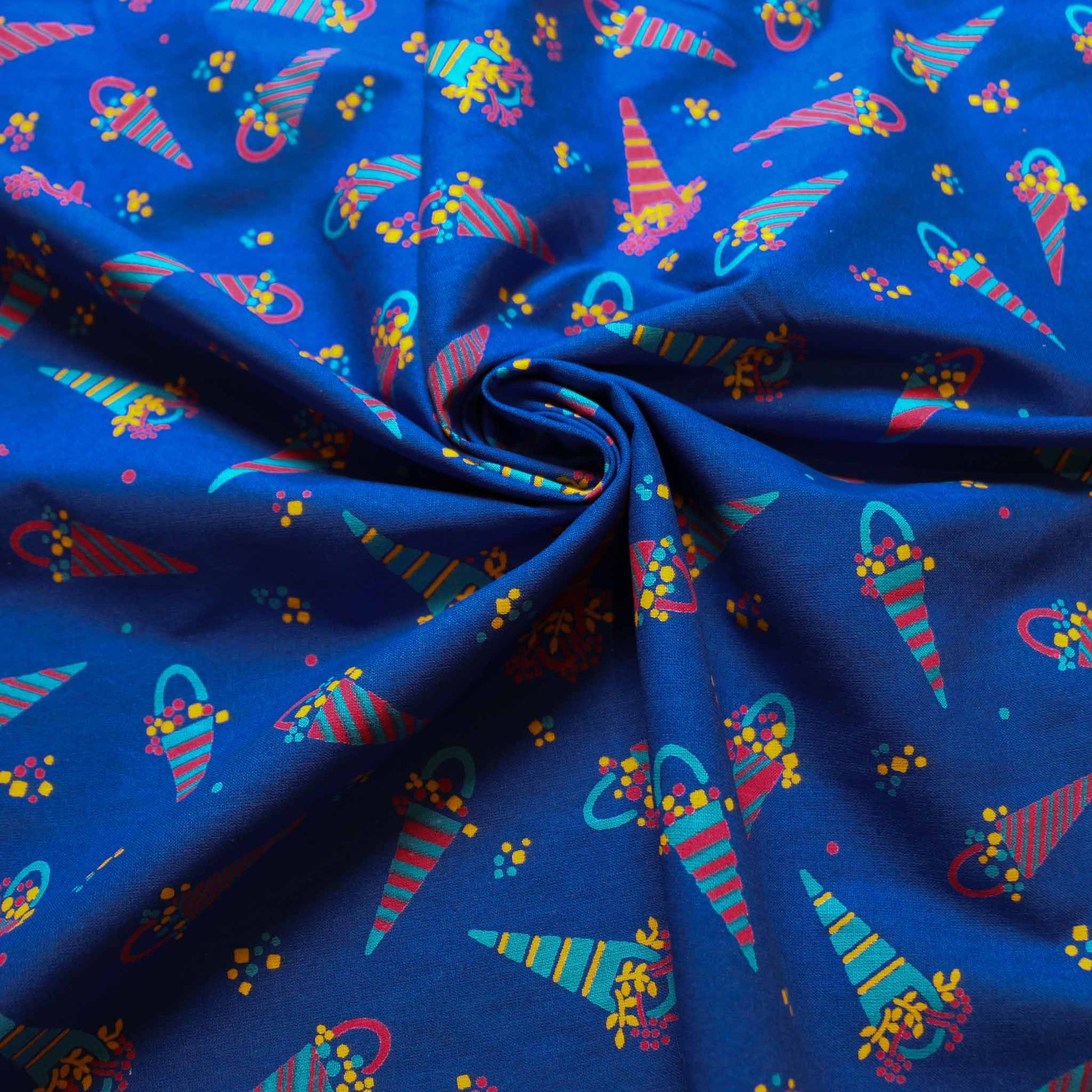 sustainable retro royal blue cotton poplin with floral pattern