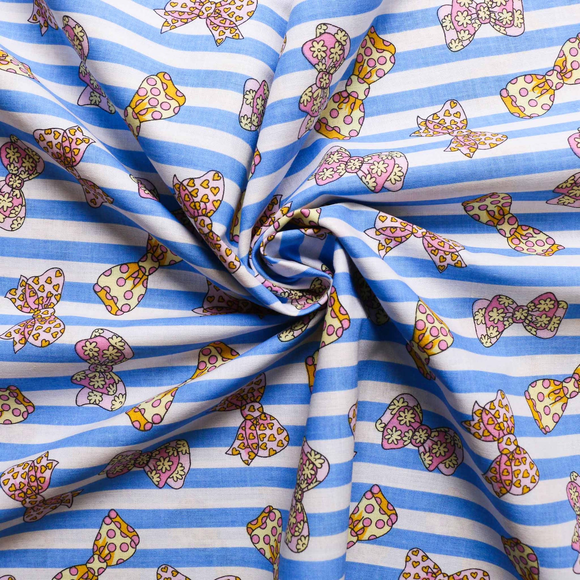 sustainable retro blue stripe pink cotton poplin with bow and stripes pattern