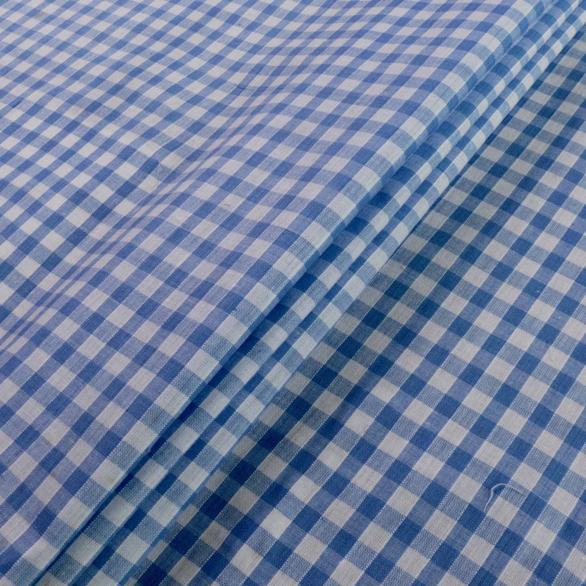 vintage blue gingham printed sustainable cotton dressmaking fabric