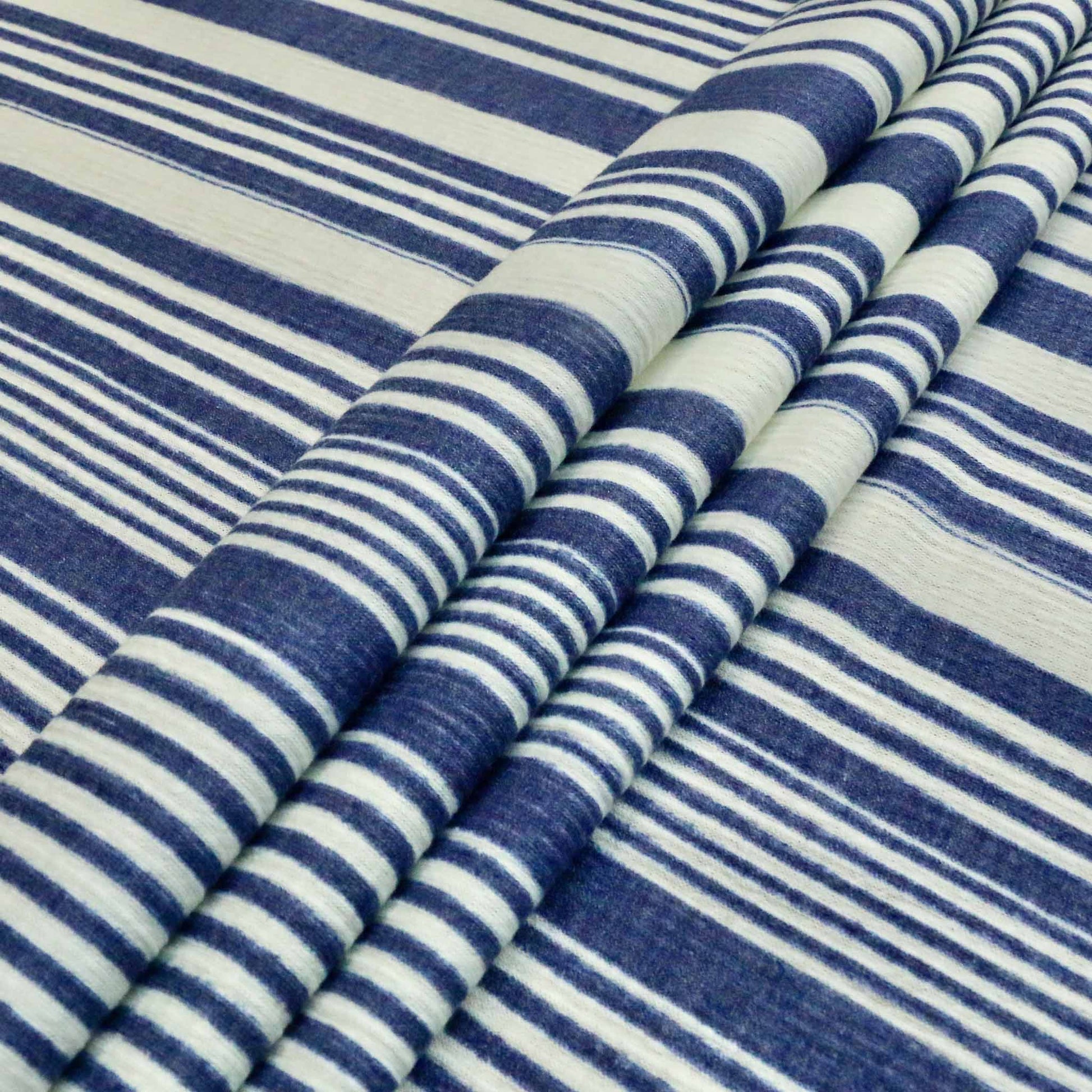 jersey knit viscose dressmaking fabric with blue and white stripe